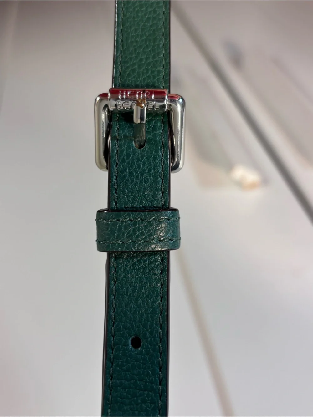 Henri Bendel Green Leather Fur Satchel Bag Silver Ring Handles Crossbody Rare